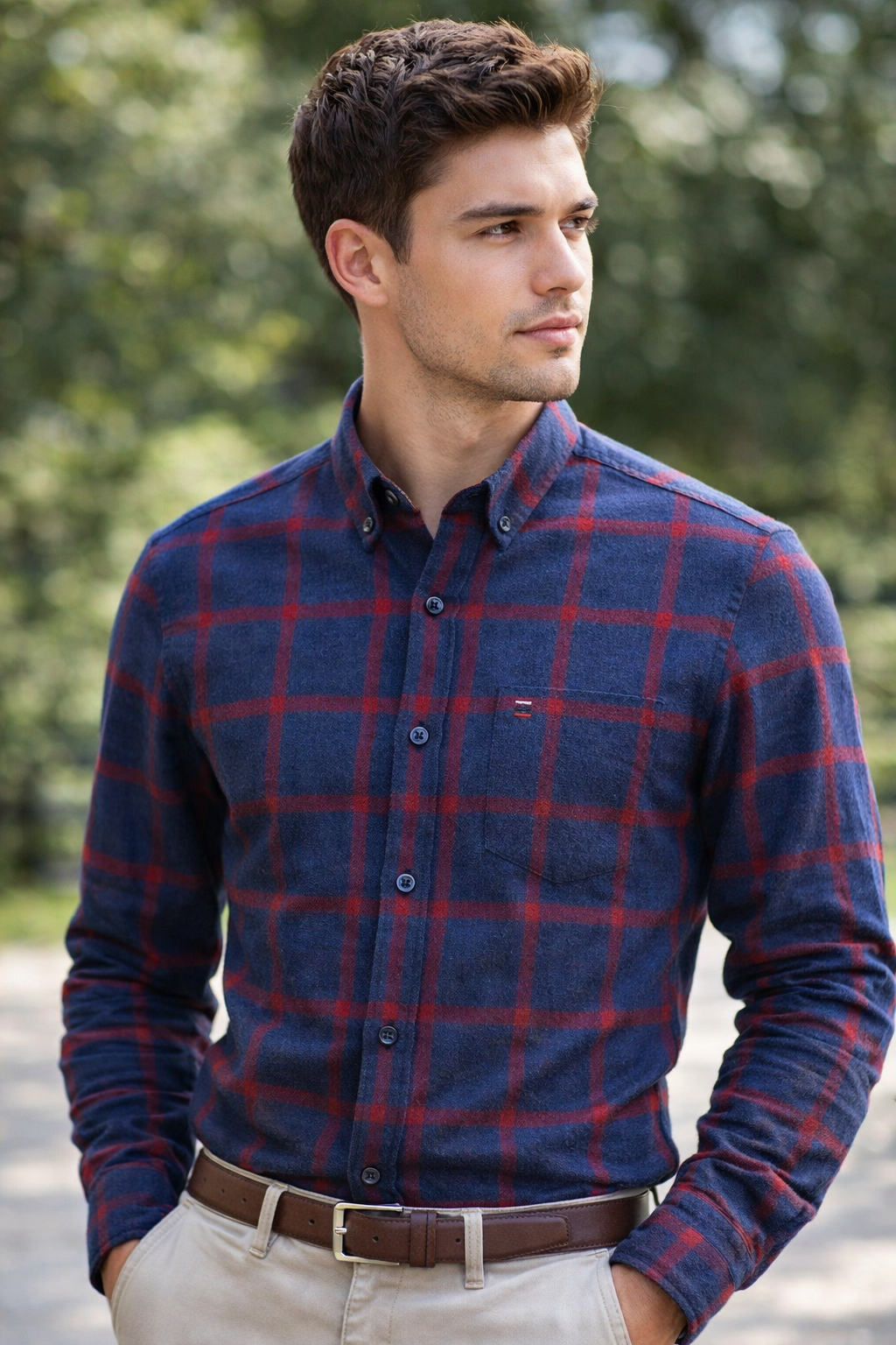 Long Sleeve 100% Pure Cotton Plaid Shirt – Navy & Red