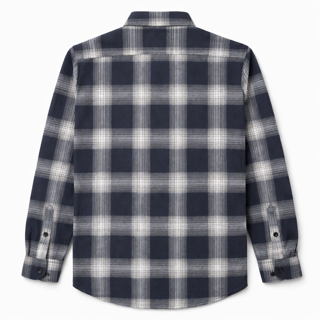 Long-Sleeve 100% Pure Cotton Plaid Shirt – Dark Navy & White