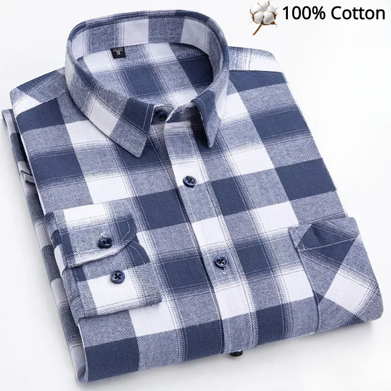 Long Sleeve 100% Pure Cotton Plaid Shirt – Navy & White