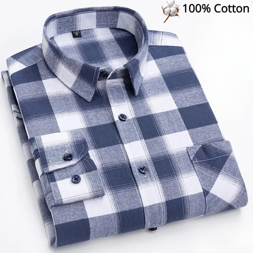 Long Sleeve 100% Pure Cotton Plaid Shirt – Navy & White