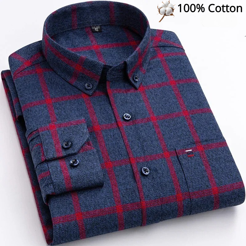Long Sleeve 100% Pure Cotton Plaid Shirt – Navy & Red