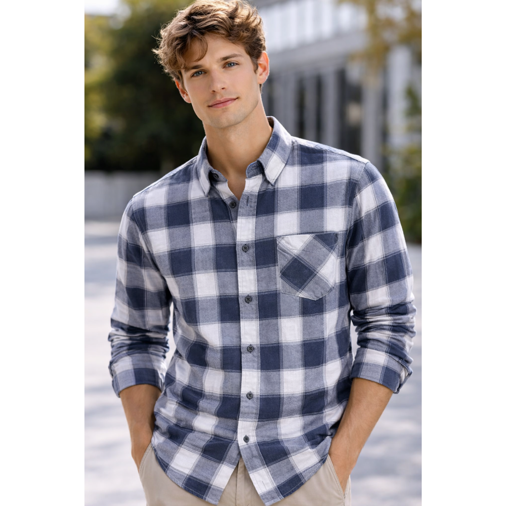 Long Sleeve 100% Pure Cotton Plaid Shirt – Navy & White