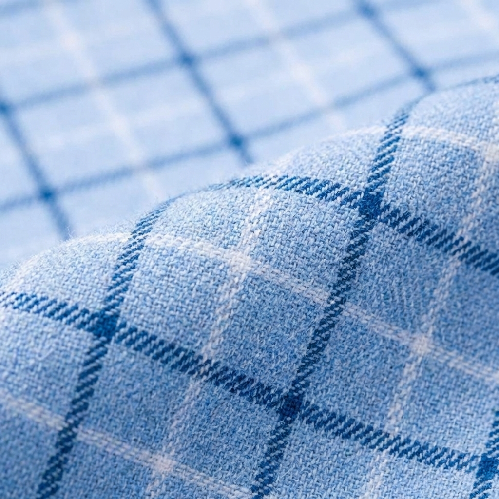 Long-Sleeve 100% Pure Cotton Grid Check Shirt – Light Blue