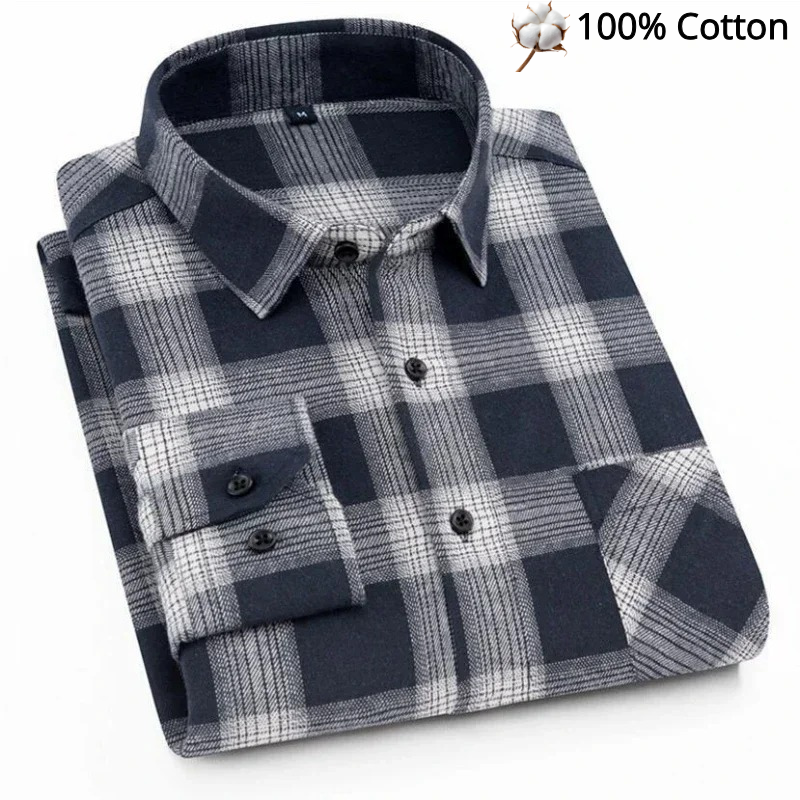 Long-Sleeve 100% Pure Cotton Plaid Shirt – Dark Navy & White