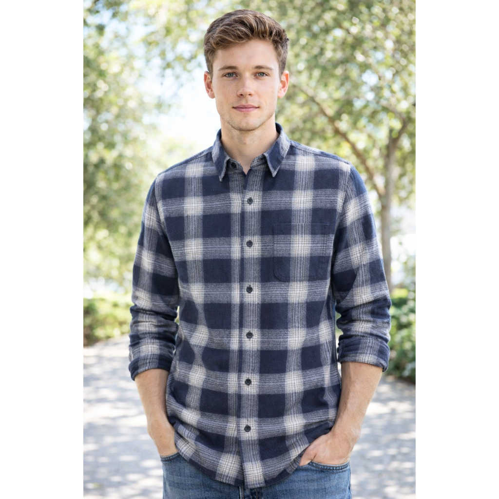 Long-Sleeve 100% Pure Cotton Plaid Shirt – Dark Navy & White