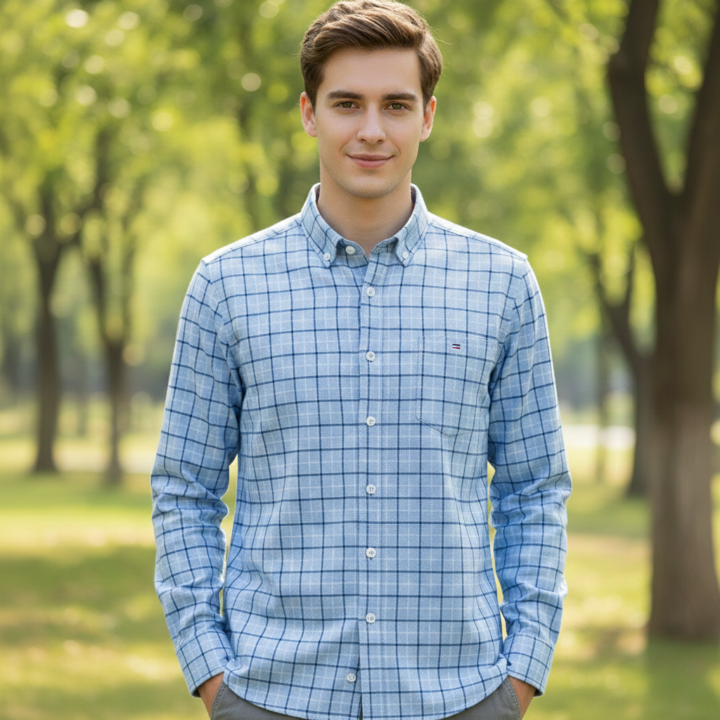 Long-Sleeve 100% Pure Cotton Grid Check Shirt – Light Blue