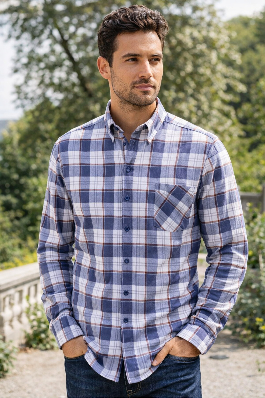 Long-Sleeve 100% Cotton Plaid Shirt – Blue / White / Red