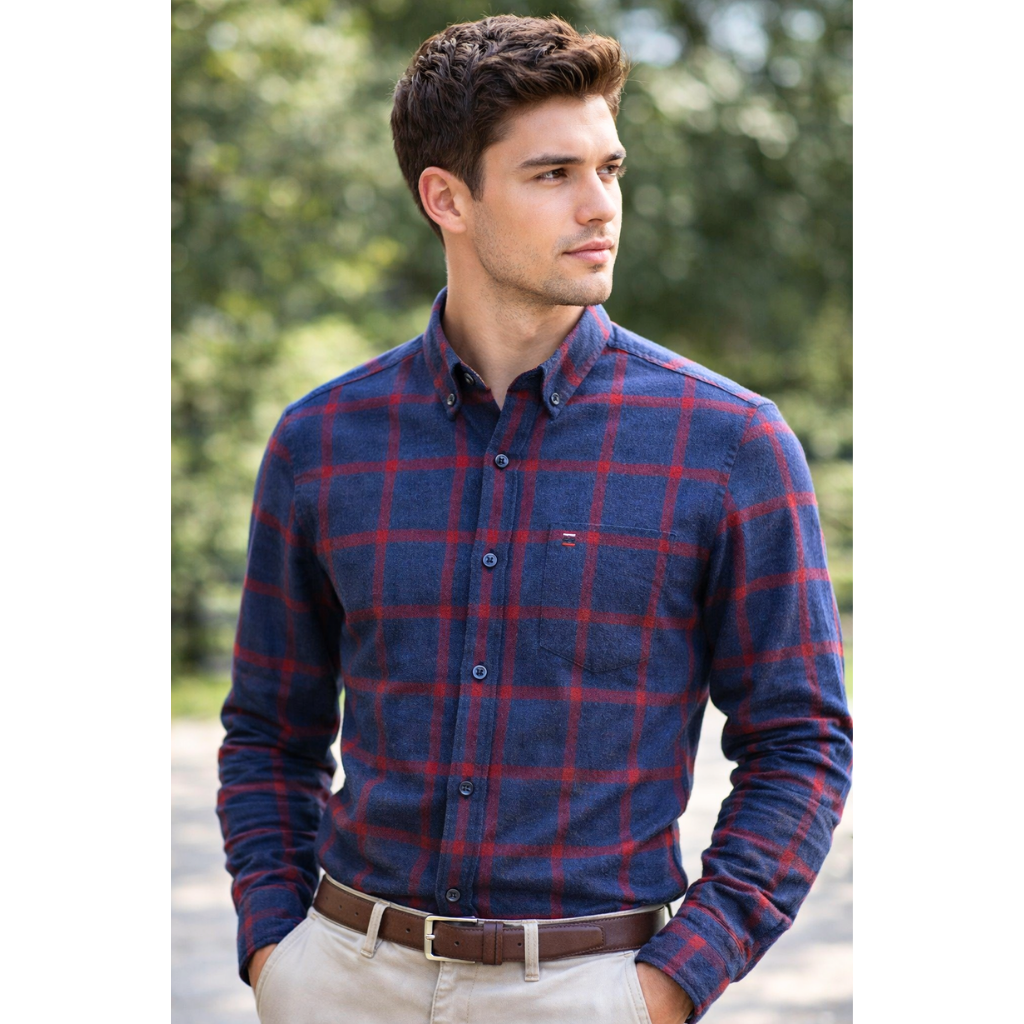 Long Sleeve 100% Pure Cotton Plaid Shirt – Navy & Red