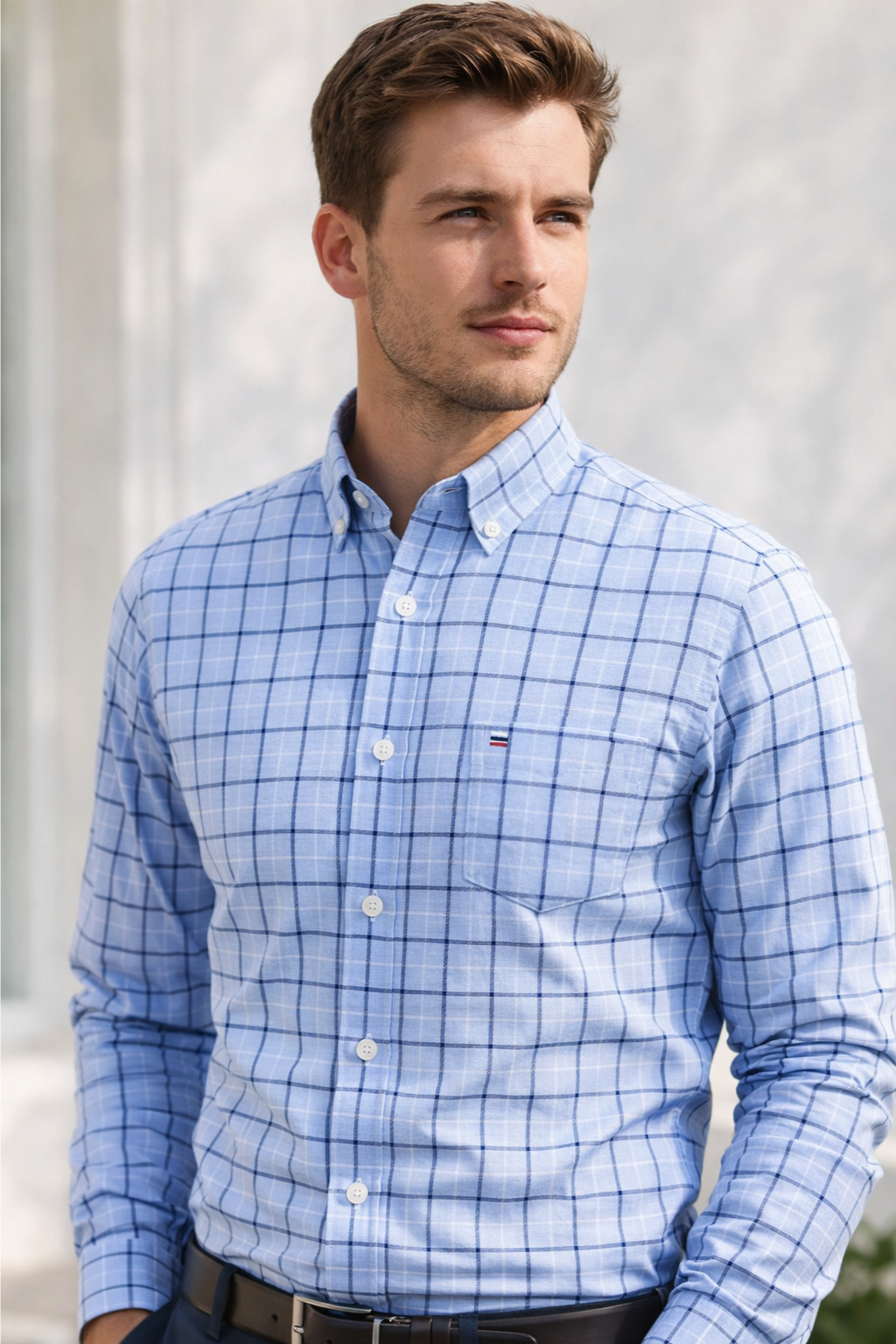 Long-Sleeve 100% Pure Cotton Grid Check Shirt – Light Blue
