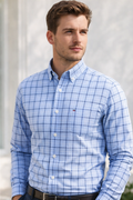 Long-Sleeve 100% Pure Cotton Grid Check Shirt – Light Blue